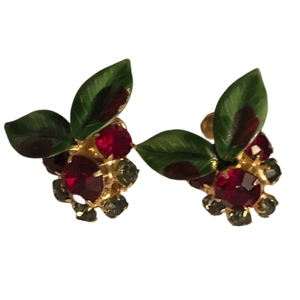 VTG Hobe 1965 Red Green Enameled Leaf Berries Rhinestone Brooch Earrings SET